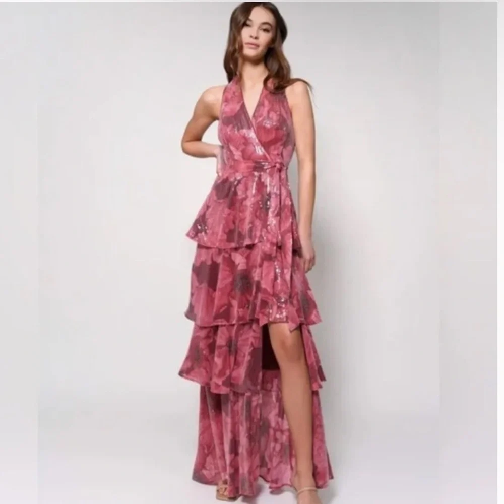 HUTCH Paige Sleeveless Halter Sequin Printed Tiered Wrap Maxi Dress - Picture 8 of 8